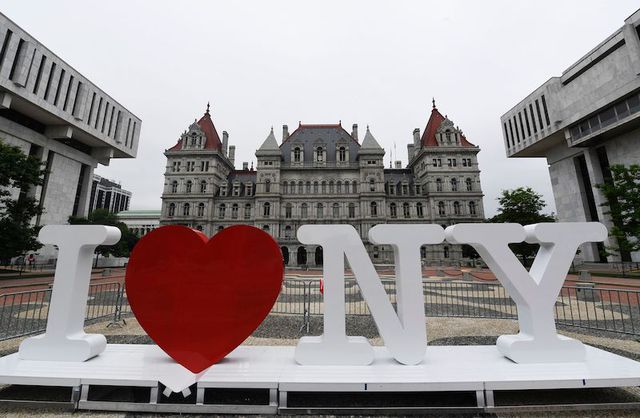 A new promotional "I Love NY" sign sits in the Empire State Plaza for installation in front of the New York state Capitol in Albany in 2019.